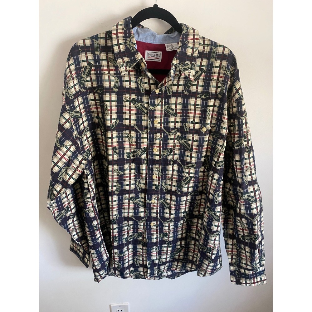 Bugle Boy Company Mens XL Plaid Golf Print Ramie Cotton Button Down Shirt Vtg